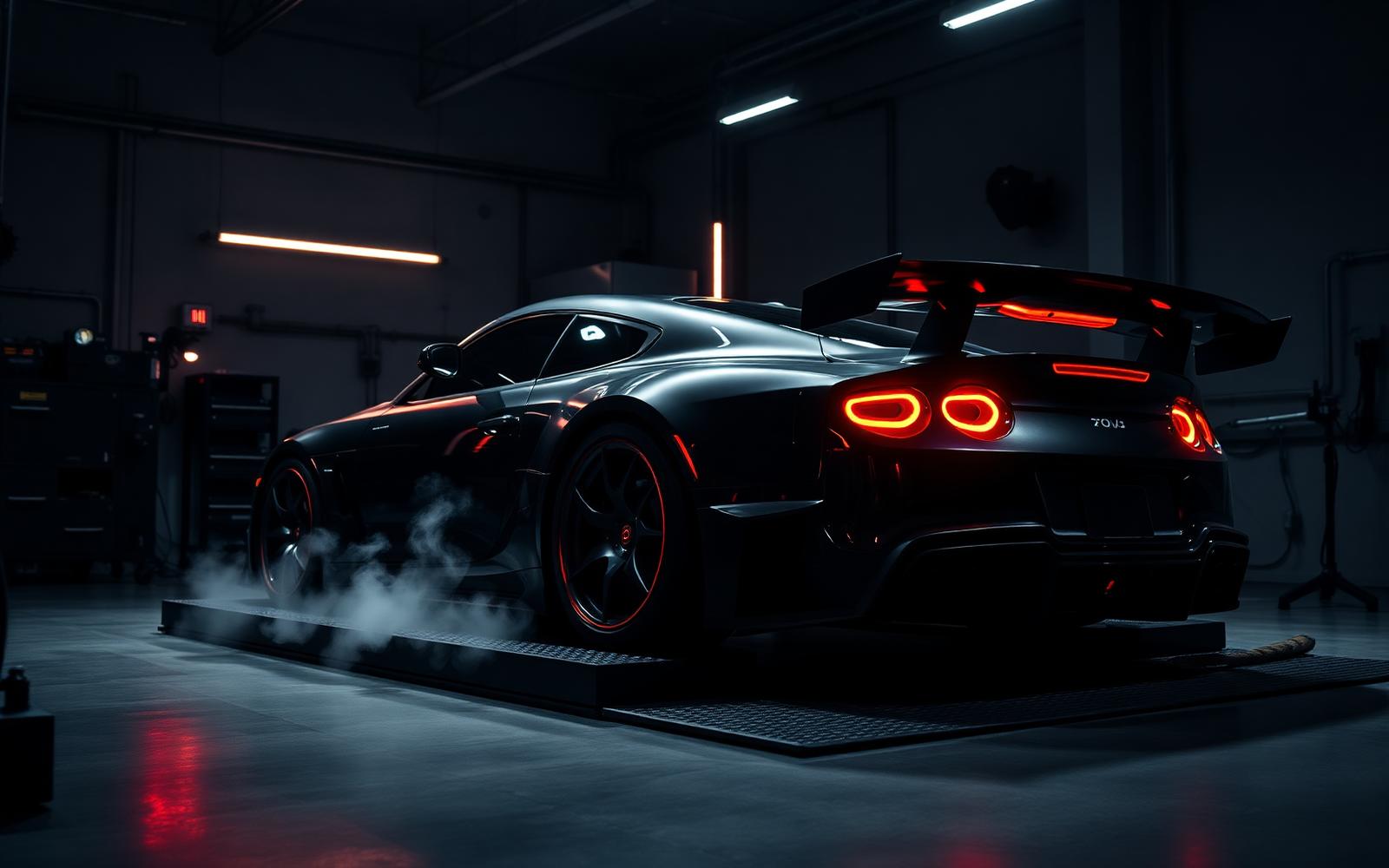 Sportauto op een dyno tuning rollerbench in een werkplaats